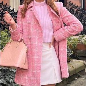 Women's ZARA Pink & White Plaid Tweed Double-Breasted Blazer XS